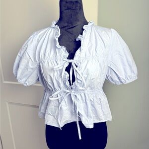 Day + Moon light blue Ruffled puff sleeve tie front Women's Top
